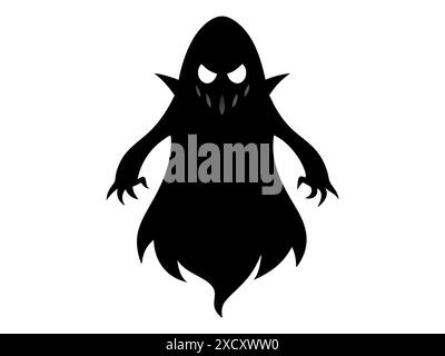 Silhouette nera di fantasma isolata su sfondo bianco. Concetto di spirito spettrale, simbolo di Halloween, stile minimalista, apparizione inquietante, horror, sinista Illustrazione Vettoriale