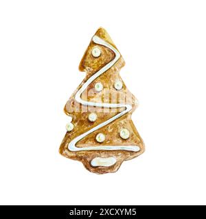 Biscotti al pan di zenzero a forma di albero di Natale. Illustrazione ad acquerello disegnata a mano isolata su sfondo bianco. Per i biglietti di auguri di Capodanno, in Foto Stock