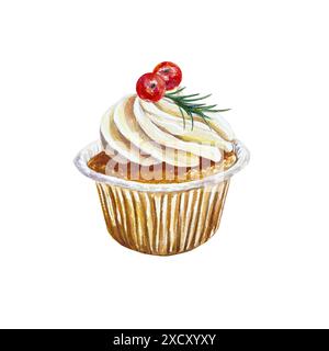 Muffin natalizio con bacche rosse e panna. Illustrazione ad acquerello disegnata a mano isolata su bianco. Per biglietti di Capodanno, inviti, banner, poster. Foto Stock