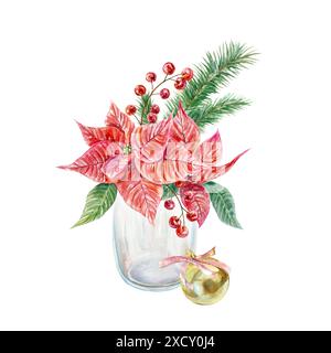 Bouquet di Poinsettia in vaso, rami di abete, frutti di bosco, palla dorata. Illustrazione acquerello isolata su bianco. Biglietti di Natale e Capodanno, poster. Foto Stock