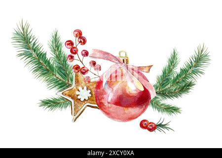 Palla di Natale, rami di abete, biscotti allo zenzero, bacche. Illustrazione orizzontale ad acquerello disegnata a mano isolata su sfondo bianco. Per il saluto di Capodanno Foto Stock