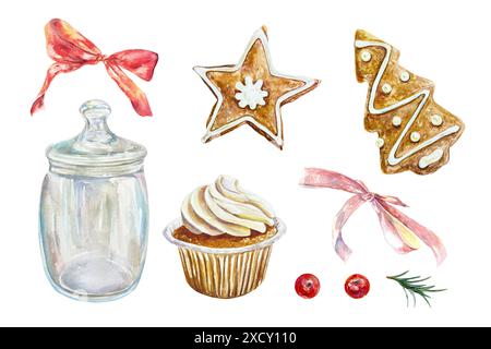Set da forno natalizio. Biscotti al pan di zenzero, muffin, frutti di bosco, fiocchi, barattolo. Illustrazione ad acquerello disegnata a mano isolata su sfondo bianco. Per le carte, inv Foto Stock