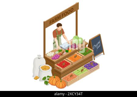 Vendita di verdure isometriche. L'agricoltore vende verdure fresche. Prodotti freschi naturali. Venditore e concetto di marketing. Mercato agricolo Illustrazione Vettoriale