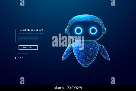 Robot digitale astratto con occhi al neon su sfondo blu scuro. Chatbot a reticolo in poliestere 3D. Simpatico character bot su tech bg. Poli vettoriale Illustrazione Vettoriale