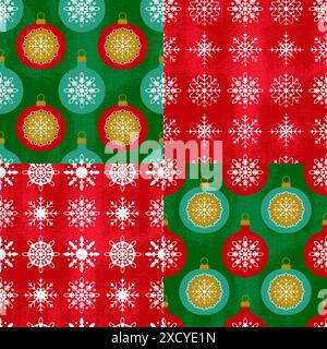 Winter Holiday Patchwork con giocattoli natalizi e fiocchi di neve. Motivo natalizio senza cuciture. Illustrazione Vettoriale