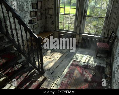 Un interno di una casa abbandonata con luce del sole che scorre attraverso le finestre su un pavimento in legno usurato e mobili antichi. Foto Stock