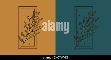 Modello con logo Vector floreale in uno stile elegante e minimalista. Estetico cosmetico giallo verde illustrazione 2d semplice logo. Per badge, etichette, logotipi Illustrazione Vettoriale