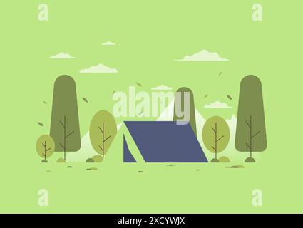 Illustrazione del paesaggio del campeggio in stile pianeggiante. Tenda nella valle della foresta avventura estiva. Sfondo per campeggio estivo, turismo naturalistico, campeggio o. Illustrazione Vettoriale