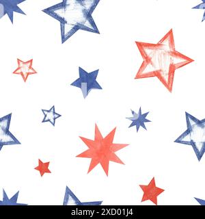 Stelle rosse e blu di varie forme. Motivo di stelle senza cuciture nei colori della bandiera americana. Macchie di vernice ruvida. Simbolo nazionale tradizionale Foto Stock