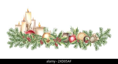 Candele con palle e agrifoglio sul ramo di pino. Decorazioni natalizie vintage. Ramoscelli in abete rosso per il nuovo anno. Illustrazione ad acquerello disegnata a mano Foto Stock
