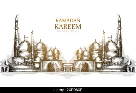 ramadan kareem disegnato a mano e moschea di schizzo di sfondo Illustrazione Vettoriale