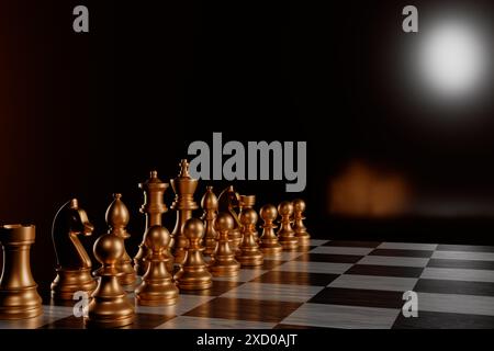 Scacchi su una tavola con illuminazione spettacolare.rendering 3d. Foto Stock