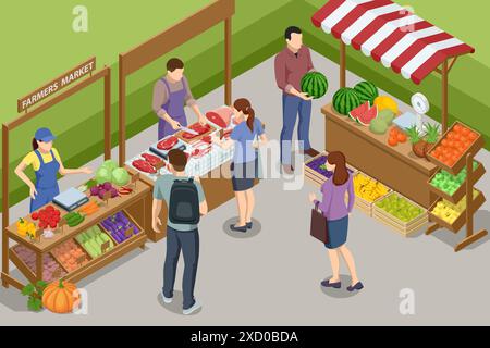 Agricoltori isometrici che vendono una selezione di frutta e verdura ecologiche in un mercato agricolo. Verdure cibo giusto. Venditori e marketing Illustrazione Vettoriale