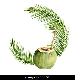 corona di acquerelli con foglie di palma da cocco tropicale, cocktail fresco di cocco verde con paglia, schizzo disegnato a mano di piante e frutta della giungla verde, somme Foto Stock