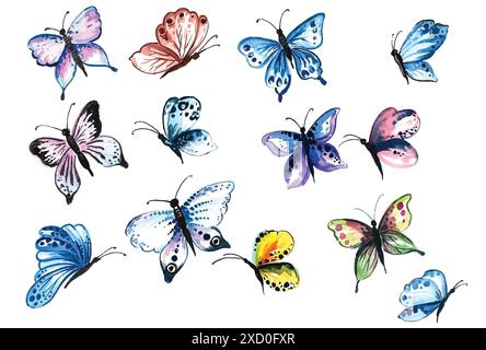 Disegno a mano collezione di farfalle piuttosto colorato acquerello design Illustrazione Vettoriale
