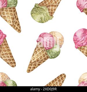 Il gelato si prepara con il cono per waffle senza cuciture. Tre gusti con colori verde rosa e crema. Stampa ad acquerello da dessert per tessuti, carta da parati, tovaglioli, gelateria, copertine Foto Stock