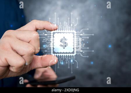 Tecnologia finanziaria, online banking. Persona che utilizza lo smartphone con l'icona Fintech sullo schermo virtuale. Tecnologia di pagamento per investimenti bancari aziendali. Foto Stock