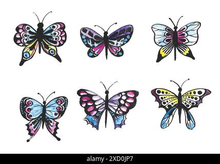 Disegno a mano collezione di farfalle piuttosto colorato acquerello design Illustrazione Vettoriale