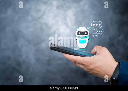 I chatbot digitali sono un assistente di conversazione per fornire l'accesso alla crescita dei dati aziendali nelle reti online. Il concetto di supporto e impostazione online Foto Stock