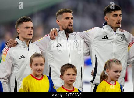 Florian Wirtz, Robert Andrich e Kai Havertz in vista della partita UEFA Euro 2024 di gruppo A alla Munich Football Arena di Monaco, Germania. Data foto: Venerdì 14 giugno 2024. Foto Stock