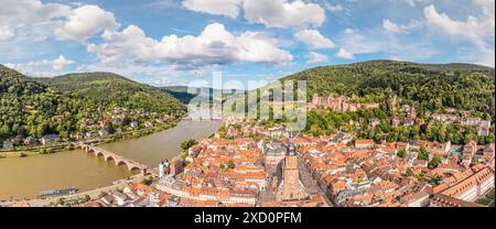 Una vista panoramica di Heidelberg, Germania, con il Ponte Vecchio, il fiume Neckar e il Castello di Heidelberg sotto un cielo parzialmente nuvoloso. Foto Stock