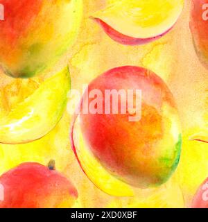 Un vivace e colorato motivo ad acquerello senza cuciture con mango, pieno di creatività e unicità Foto Stock