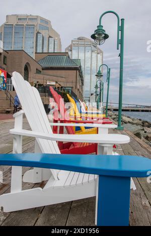 Fila di colorate sedie Adirondack sul lungomare di Halifax, nuova Scozia, Canada Foto Stock