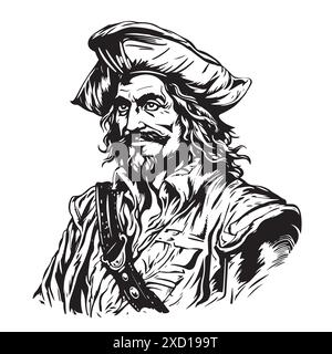 Schizzo astratto del ritratto dei pirati schizzo disegnato a mano, illustrazione vettoriale stile incisione Illustrazione Vettoriale