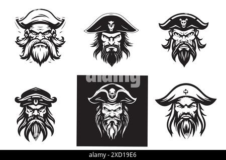 Disegno astratto del logo del ritratto dei pirati disegno a mano , illustrazione vettoriale stile incisione Illustrazione Vettoriale