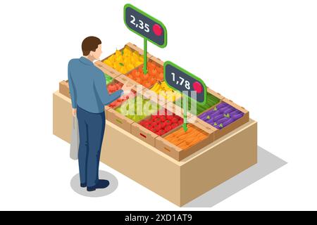 Vendita di profilati isometrici. L'agricoltore vende frutta fresca. Prodotti freschi naturali. Venditore e concetto di marketing. Mercato agricolo. Frutta fresca in vendita al mercato Illustrazione Vettoriale