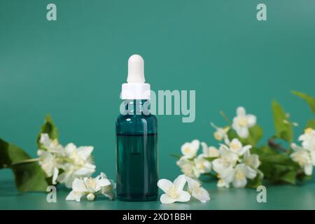 Olio essenziale in bottiglia e splendidi fiori di gelsomino su sfondo verde Foto Stock
