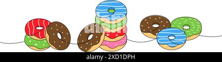 Dolce set di ciambelle. Togliere le ciambelle di una linea colorata in continuo. Pasticceria dolce da forno. Illustrazione lineare vettoriale. Illustrazione Vettoriale