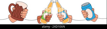 Mani che reggono una bottiglia di birra disegno continuo di una linea colorata. Illustrazione continua di una riga dei prodotti da pub della birra. Illustrazione lineare vettoriale. Illustrazione Vettoriale