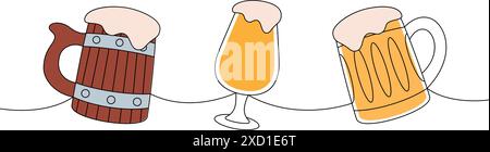 Tazze da birra a una linea colorata, disegno continuo. Illustrazione continua di una riga dei prodotti da pub della birra. Illustrazione lineare vettoriale. Illustrazione Vettoriale