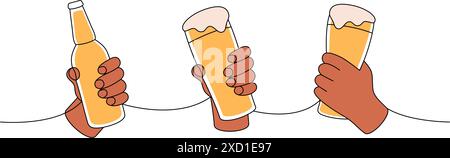 Mani che reggono una bottiglia disegno continuo di una linea colorata. Illustrazione continua di una riga dei prodotti da pub della birra. Illustrazione lineare vettoriale. Illustrazione Vettoriale