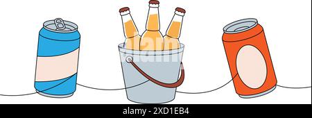 Elementi di birra disegno continuo con una linea colorata. Lattine di birra, bottiglie in un secchio di ghiaccio, illustrazione continua di una riga. Illustrazione lineare vettoriale. Illustrazione Vettoriale