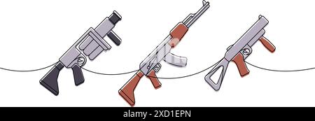 Varie armi moderne una linea colorata disegno continuo. Lanciagranate, fucile d'assalto AK 47 a una linea continua. Illustrazione Vettoriale