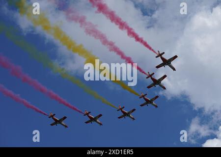 La squadra acrobatica spagnola "Patrulla Aguila" (EaglePatrol) vola sopra il Palazzo reale mentre re Felipe vi celebra 10 anni come capo della Spagna Foto Stock