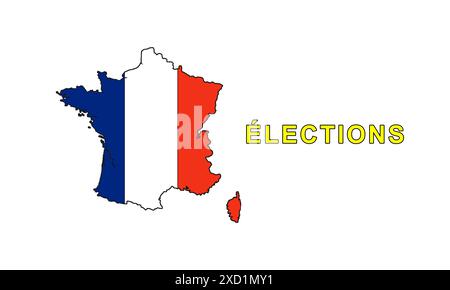 Elezioni legislative in Francia, convocate dal presidente Emmanuel Macron. Simbolo della bandiera francese e testo su sfondo neutro. Foto Stock
