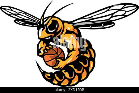 Aggressiva mascotte Hornet con una palla da basket Illustrazione Vettoriale