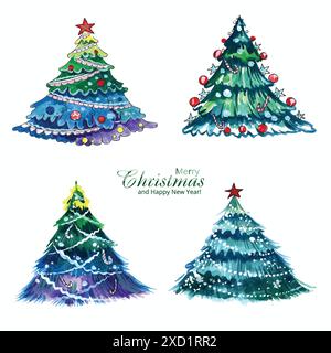 Design decorativo artistico disegnato a mano con un set di alberi di natale Illustrazione Vettoriale