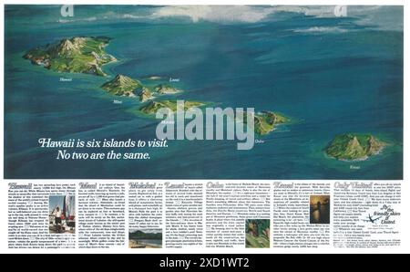 1968 United Air Lines ad - Hawaii Travel - "vola i cieli amichevoli di United". Foto Stock