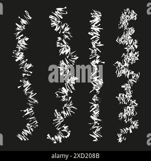 Linee frastagliate astratte. Sfondo nero. Forme bianche irregolari. Ripetizione vettoriale dinamica. Illustrazione Vettoriale
