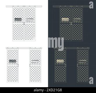 Illustrazioni vettoriali stilizzate di progetti di porte scorrevoli industriali per celle robotiche Illustrazione Vettoriale