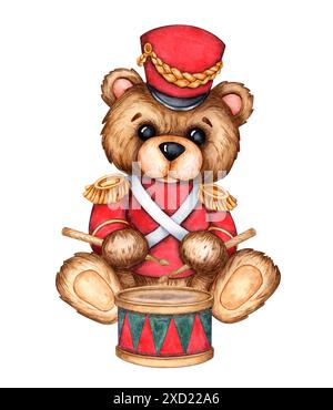 L'orso Teddy è un ussaro militare in uniforme rossa con un'illustrazione ad acquerello a tamburo. Soldato giocattolo, fiabesco schiaccianoci, isolato dal backgroun Foto Stock