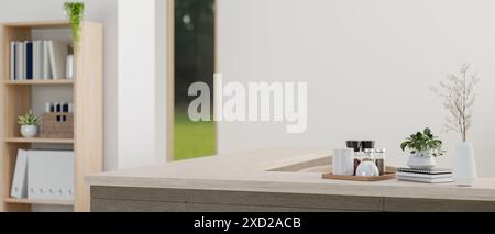 Un'immagine ravvicinata di una scrivania da banco in una camera moderna e minimalista. ingresso ufficio, sala da pranzo casa, rendering 3d, illustrazione 3d. Foto Stock