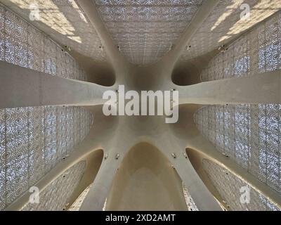 Una vista dettagliata di un soffitto architettonico dal design complesso con perforazioni a motivi geometrici e colonne lisce Foto Stock