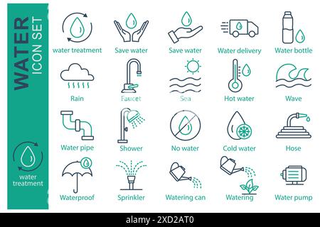 Set icone acqua. trattamento delle acque, risparmio di acqua, bottiglia d'acqua e molto altro ancora. stile icona linea. illustrazione del vettore dell'elemento essenziale Illustrazione Vettoriale