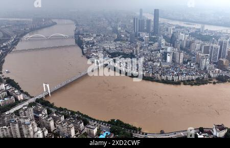 Pechino, Cina. 19 giugno 2024. Una foto aerea scattata il 19 giugno 2024 mostra il flusso d'acqua del fiume Liujiang nella città di Liuzhou, nella regione autonoma Guangxi Zhuang della Cina meridionale. A causa delle forti precipitazioni, il livello dell'acqua nella stazione idrologica di Liuzhou sul fiume Liujiang nel Guangxi è salito a 86,3 metri alle 9:40 di mercoledì, superando la linea di allarme di 3,8 metri. Crediti: Huang Xiaobang/Xinhua/Alamy Live News Foto Stock