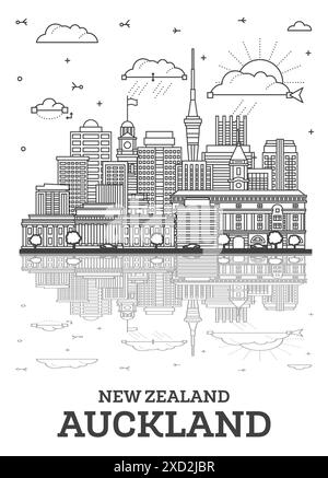 Delinea lo skyline di Auckland, nuova Zelanda, con edifici moderni e riflessi isolati su bianco. Illustrazione vettoriale. Paesaggio urbano di Auckland. Illustrazione Vettoriale